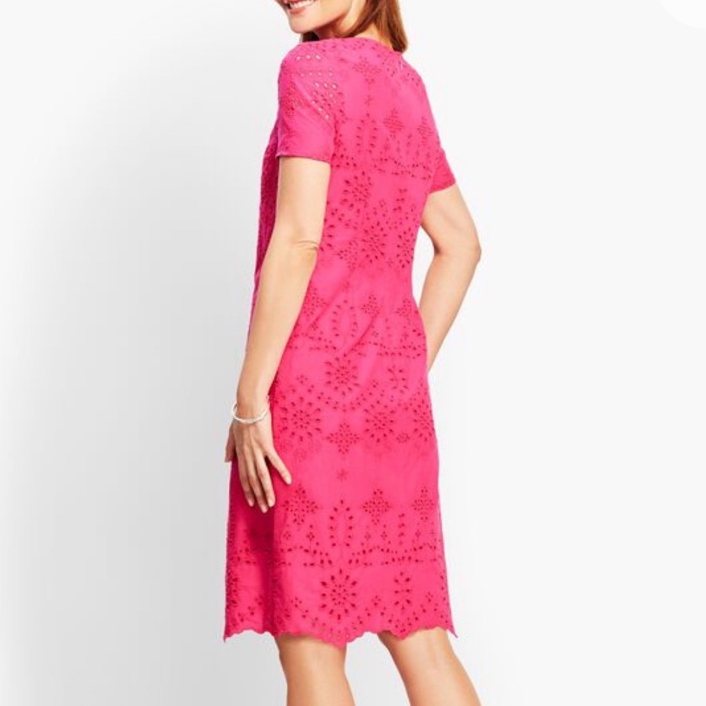 Talbots Embroidered Scallop Hem Eyelet Short Sleeve Shift Dress Pink 10 Petite - Picture 3 of 12